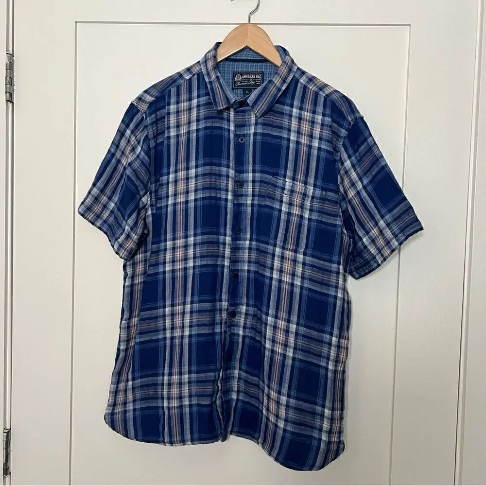 American Rag Shirt Mens Size XL Lined Blue Plaid Cotton Short Sleeve Pocket